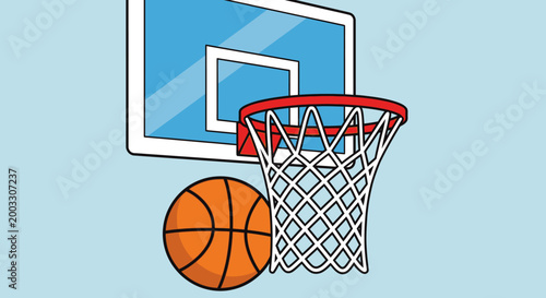 Cartoon illustration of a basketball hoop with a net and an orange basketball against a light blue background, ready for a game.