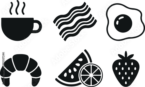 Breakfast icons: coffee cup bacon fried egg croissant fruit strawberry