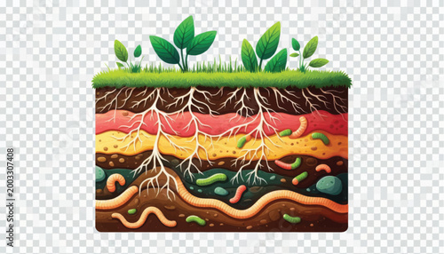 Healthy Soil Profile Cross Section Illustration: Detailed Layers, Plant Roots, Grass, and Active Earthworms Ecosystem for Education