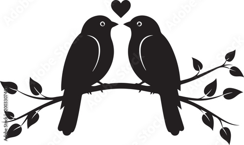Black Silhouette of Two Love Birds Perched on a Tree Branch with Heart, Romantic Nature Illustration Vector