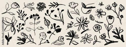 Black and White Hand Drawn Floral Botanical Elements Keywords: floral, botanical, flowers