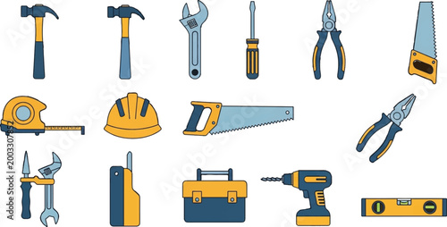 construction tools, icons, yellow and blue, vector set, 20 pieces, toolbox, hardware