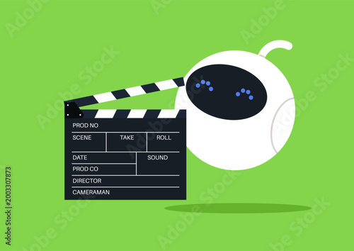 A charming robot director holds a clapperboard, ready to start filming an exciting scene in a bright green studio, Its round shape and playful features bring a sense of creativity to the set.