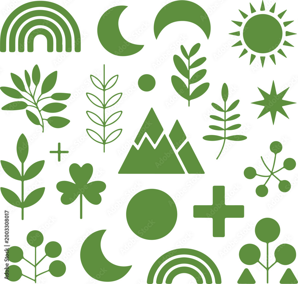 Obraz premium Collection of green stylized icons representing nature and celestial elements