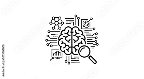Brain with magnifying glass icon.