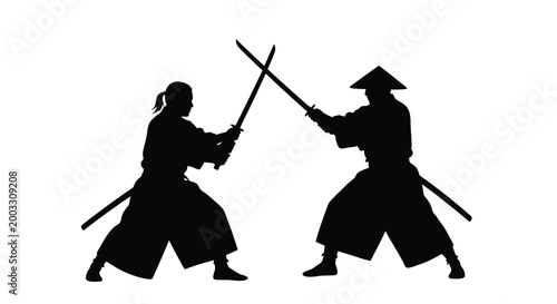 Fotografía Two samurai warriors engaged in a sword fight black silhouette