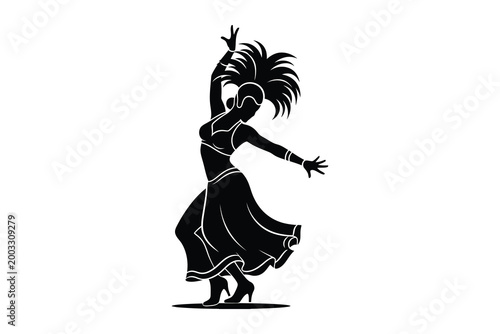 Woman in elegant dress dancing with feathers on her head in dynamic pose