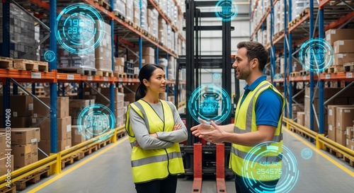 Warehouse workers in high-visibility vests discuss operations amidst futuristic holographic data