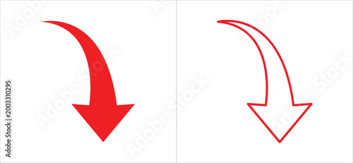 Red Curved Arrow Pointing Right and Downward on White Background; Minimalist 3D Glossy Style Navigation Pointer for Business Financial Loss, Recession, and UI Web Interface Vector, Isolated on white b