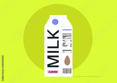 Colorful carton of almond plant milk stands proudly against a cheerful pink backdrop, inviting people to discover the delicious and nutritious benefits of dairy-free alternatives.