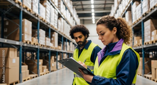 Warehouse workers in safety vests review inventory and check documents on a clipboard among tall