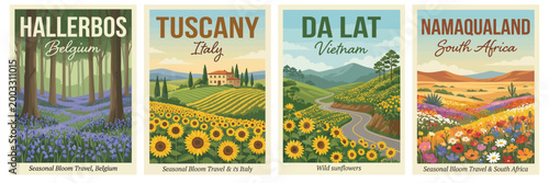 Vintage seasonal bloom travel poster set. Including hallerbos belgium, tuscany italy, da lat vietnam, and namaqualand. Retro flat vector illustration.