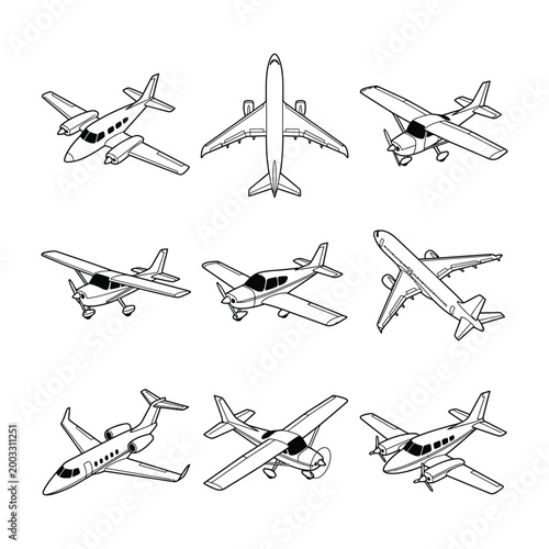 Collection of various airplane models in different angles and positions  isolated on white background