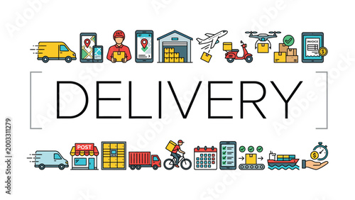 Delivery concept with various transportation and logistics icons on white background