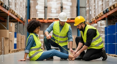 Warehouse workers measuring injured colleague's ankle with tape measure, emphasizing safety