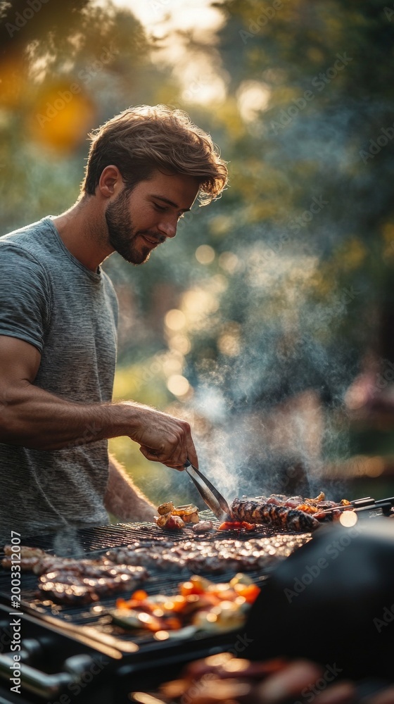 Fototapeta premium A man is grilling meat in the glow of the setting sun, evoking the atmosphere of a summer holiday and providing an appetising backdrop for barbecue recipes or adverts for the summer holiday season.