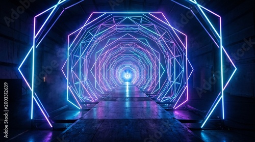Vibrant neon tunnel with blue and pink lights in a dark room with a shiny floor
