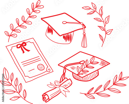 This charming doodle-style illustration captures the essence of academic achievement with key graduation symbols including two distinct mortarboard caps one with a tassel and the other adorned with a 
