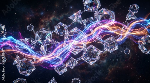 Vibrant colorful glowing neon lights and floating diamonds in space with stars