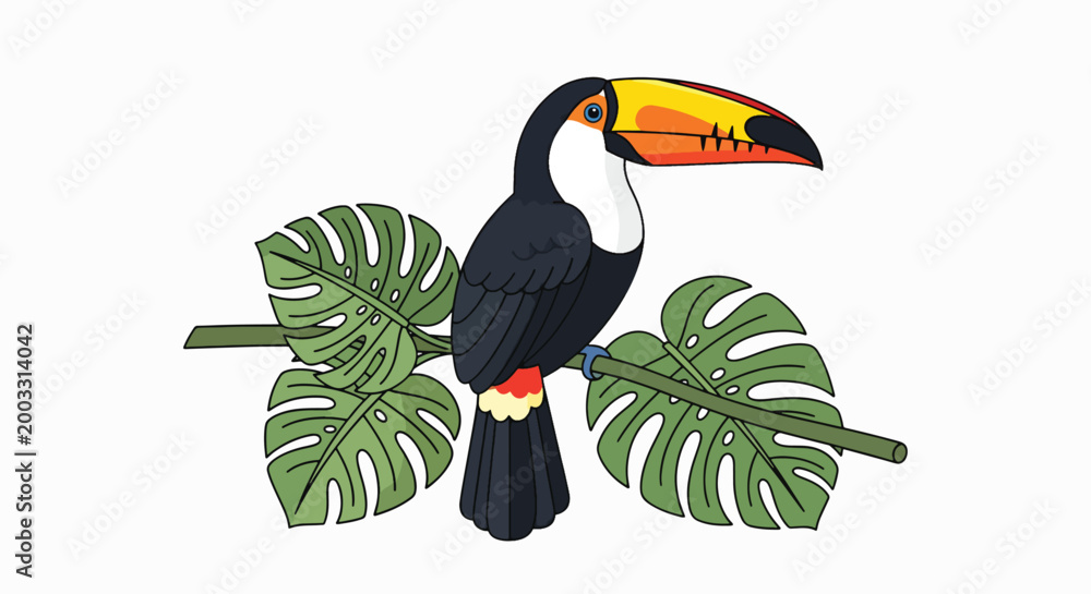 Fototapeta premium A colorful toucan perched on a branch with large green leaves against a clean white background in a graphic illustration.