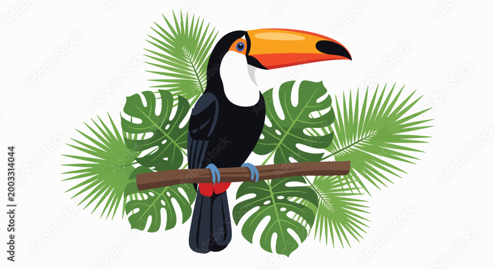 Naklejka premium Illustration of a colorful toucan perched on a branch surrounded by tropical leaves against a white background with vibrant green foliage.