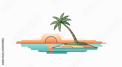Flat illustration of a tropical island with a single palm tree leaning over the shore, set against a vibrant sunset and calm turquoise waters on a white background.