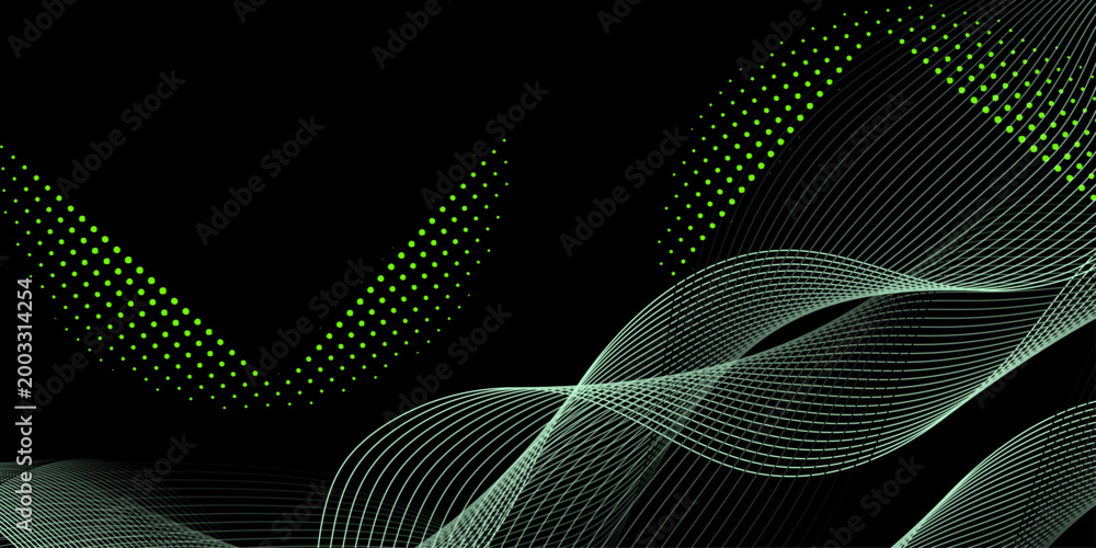 Obraz premium Abstract black background with green line and dote. Modern template abstract design flowing particles digital frequency track equalizer. abstract wave line for banner, wallpaper with wave design.