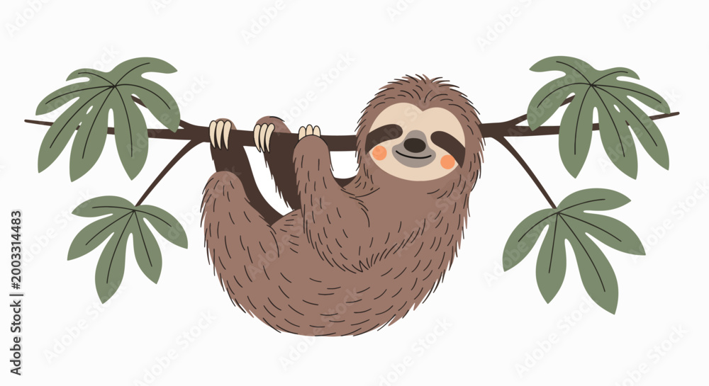 Obraz premium A cartoon sloth hanging upside down from a tree branch with green leaves on a white background.