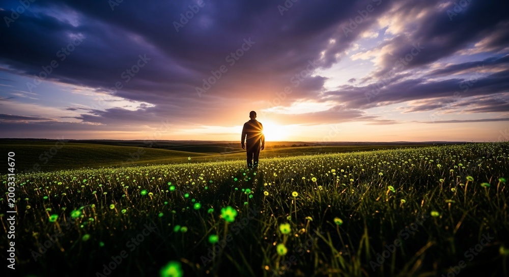 Fototapeta premium Lone figure walks through a field of flowers towards a dramatic sunset sky.