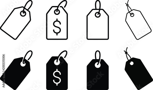 Price tag icons black and white set for sales and discounts