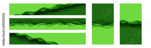 border3D slime abstract bg paper cut top border set green wave layers. Layout template collection for business eco brochure environment flyer. Papercut banner bundle kit carving waving layered vector 
