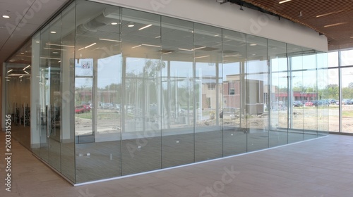 Modern building exterior featuring extensive clear safety glass panels with minimal framing for bright, open interiors and exterior views.