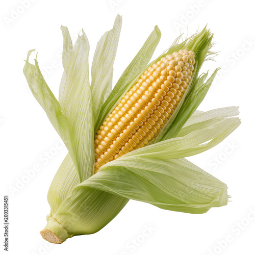 Photos Isolated vibrant fresh raw sweet corn cob with green husks and golden kernels