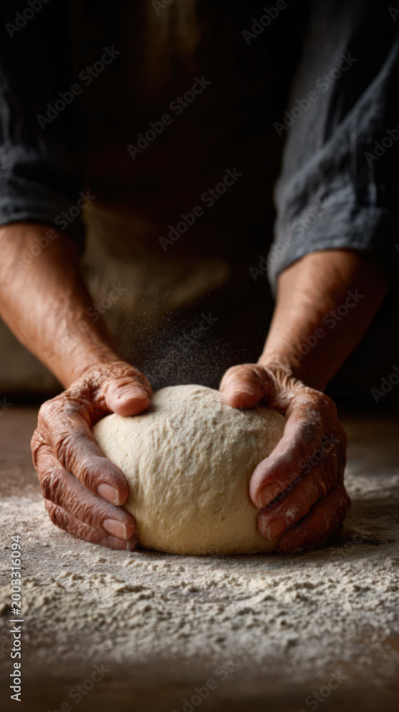 Fototapeta premium Close-up photo of hands shaping bread dough on a floured surface in warm morning light