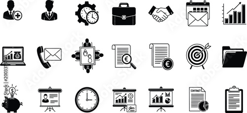 Set of black business and office management icons