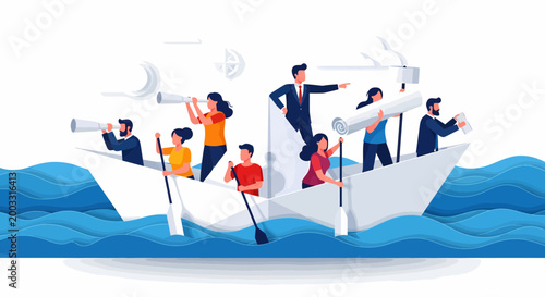Business team rows a large paper boat through blue ocean waves while using telescopes and maps.