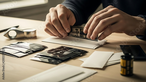 A person's hands carefully assembling a scrapbook on a wooden desk surrounded by photos and crafting tools in a cozy indoor setting.