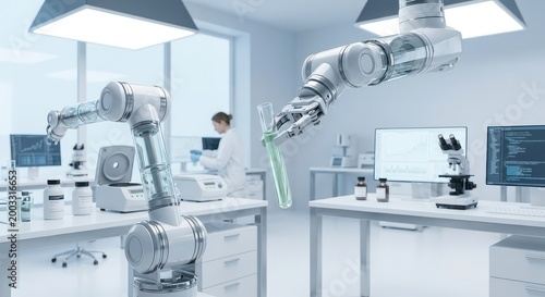 Robotics Revolution: Futuristic laboratory equipped with robotic arms, modern equipment, and a dedicated scientist conducting innovative research.