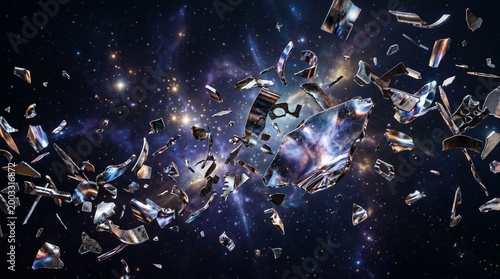 Shattered metallic fragments exploding in a vibrant galaxy with stars and stardust