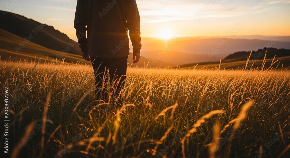 Fototapeta premium Person walking through a golden field at sunset with mountains in the background.