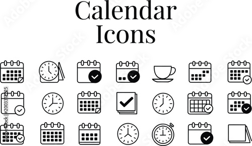 Calendar line icon set, minimalist thin outline calendar symbols representing scheduling planning and time management for app UI and graphic design use.