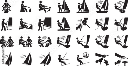 Sailing Boat Handling Icon Set – Sailor Control and Steering Silhouettes.