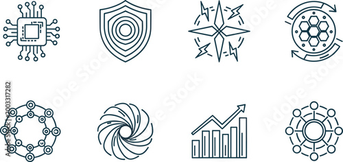 Technology and data security vector set including network analytics growth protection cyber systems and digital innovation icons