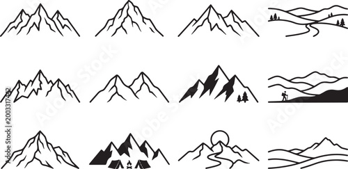 Mountain peaks and ranges silhouette set featuring various alpine hills camping scenes and hiking landscapes isolated on white background for outdoor adventure vector design