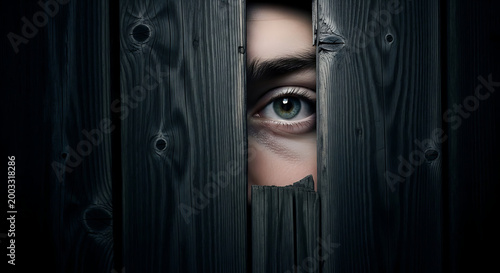 Intense hidden gaze peeking through dark wooden planks, creating a gripping sense of mystery and suspense
