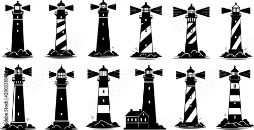 Lighthouse Silhouette Bundle – Coastal Tower and Beacon Collection Vector Set