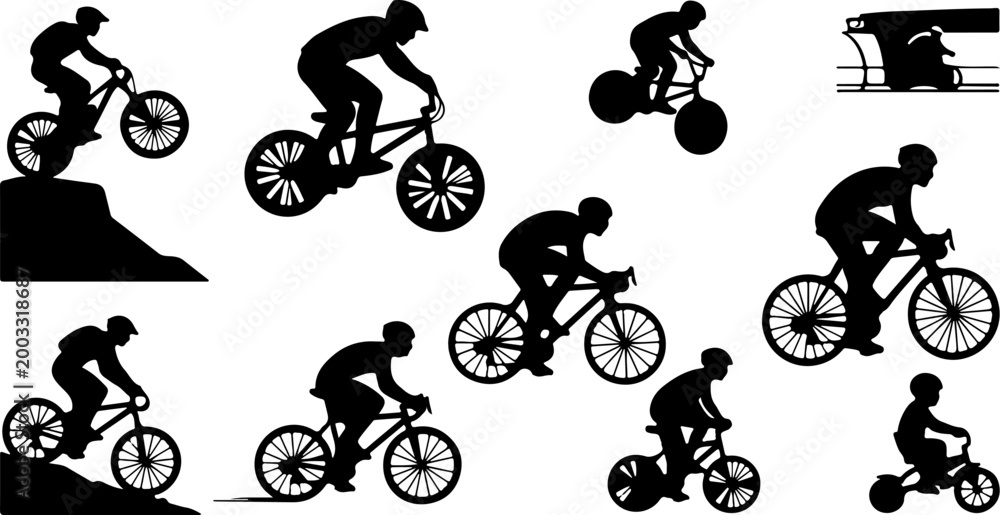 Fototapeta premium Cycling Silhouette Bundle – BMX, Mountain Bike and Road Cyclist Vector Set