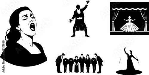  Opera and Theater Performance Silhouette Set – Singer, Stage and Performer Vector Bundle