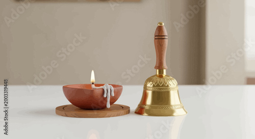Candle and brass bell on table.
