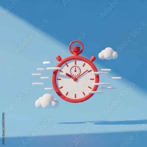 Red stopwatch with white face and clouds on blue background  fast motion  speed concept